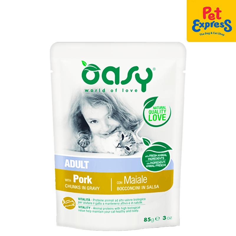 Oasy Chunks in Gravy Adult with Pork Wet Cat Food 85g (12 pouches)