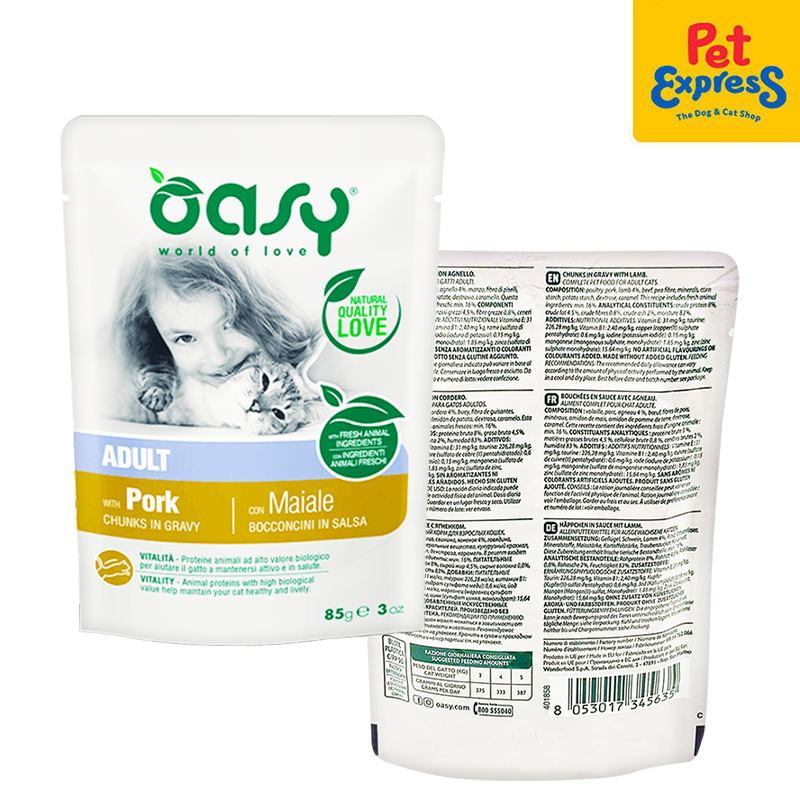 Oasy Chunks in Gravy Adult with Pork Wet Cat Food 85g (12 pouches)