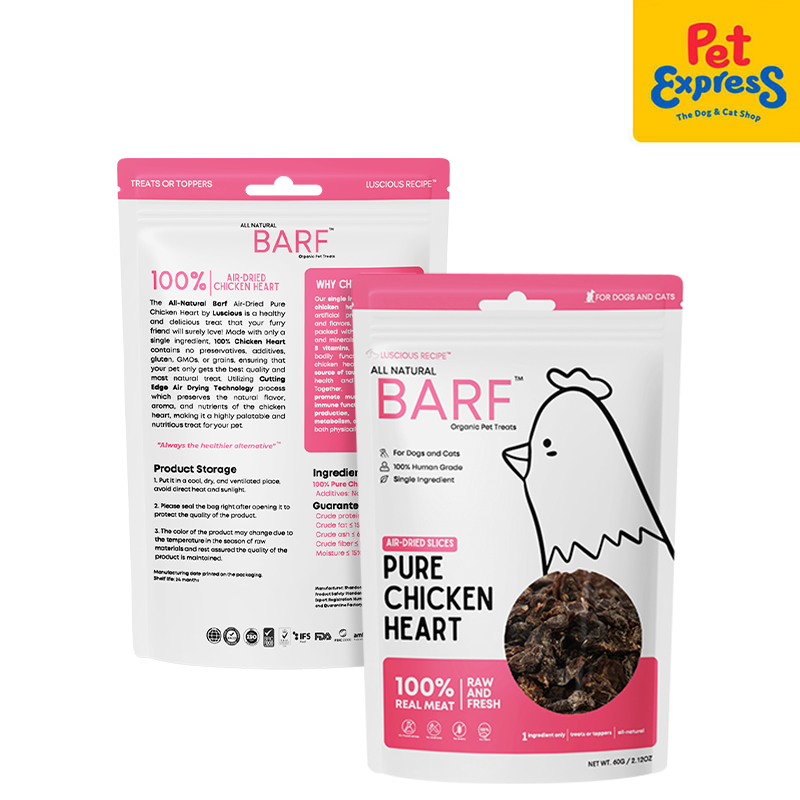 Luscious Recipe All Natural Barf Air Dried Slice Chicken Heart Pet Treats 60g