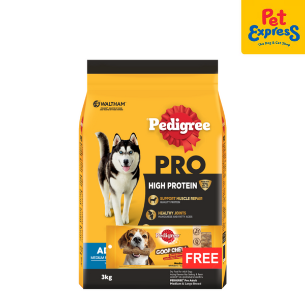 Pedigree Pro Adult High Protein Medium and Large Breed Beef and Lamb DDF 3kg with FREE Good Chew 83g