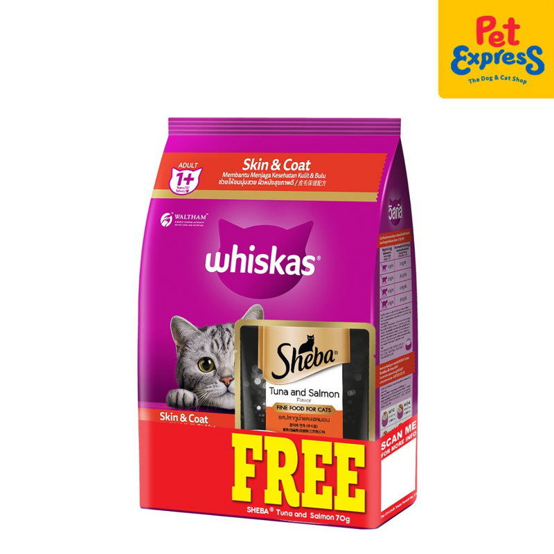 Whiskas Adult Skin and Coat Dry Cat Food 1.1kg with FREE Sheba 70g