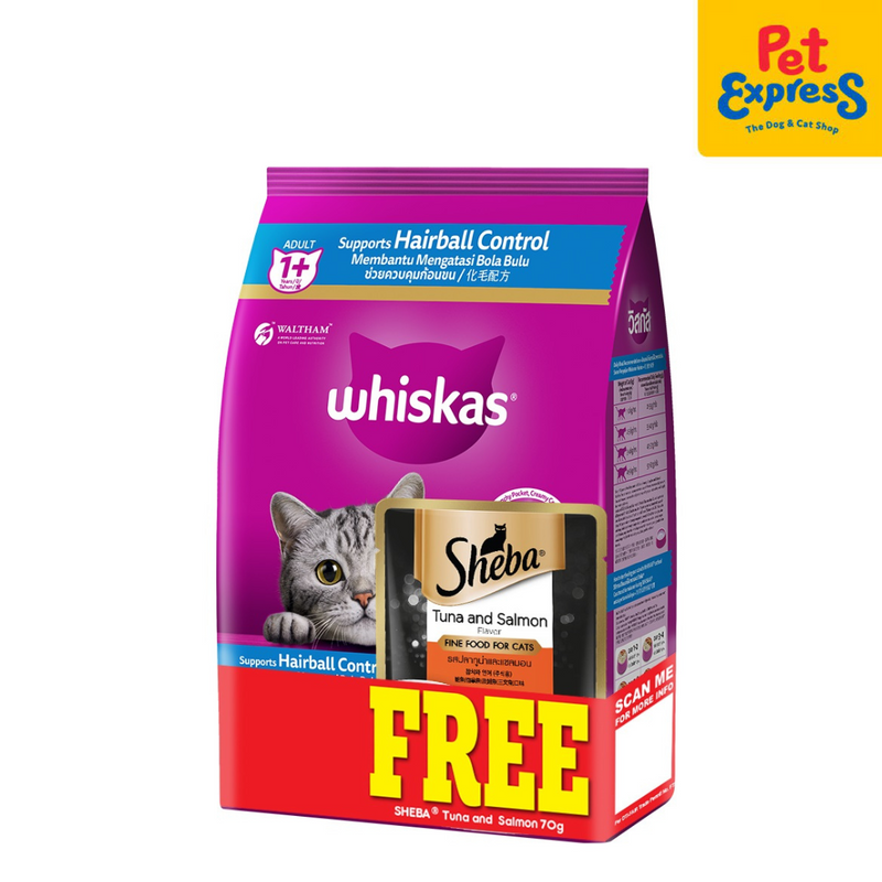 Whiskas Adult Chicken and Tuna Hairball Control Dry Cat Food 1.1kg with FREE Sheba 70g