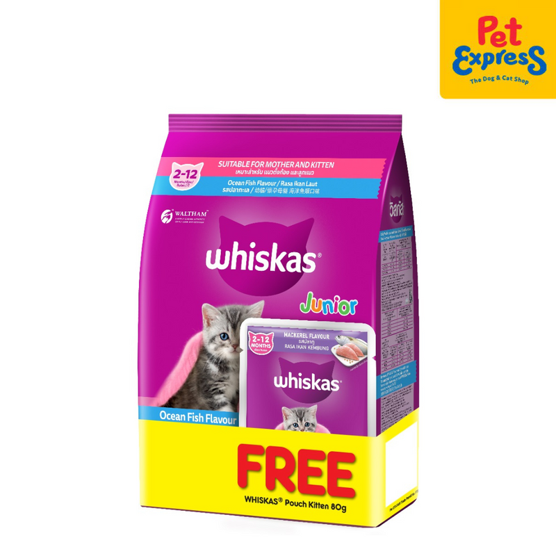 Whiskas Junior Ocean Fish with Milk Dry Cat Food 1.1kg with FREE Whiskas 80g